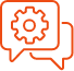 Orange outline drawing of gears in a chat bubble
